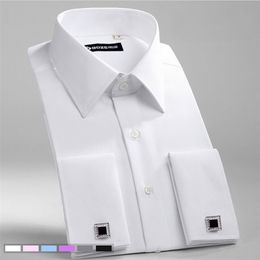 Men's Slim Fit French Cufflinks Shirt Non Iron Long Sleeve Cotton Male Tuxedo Formal Mens Dress s With Cuffs 210721