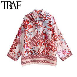 Women Fashion With Scarf Printed Loose Asymmetric Blouses Vintage Long Sleeve Side Vents Female Shirts Chic Tops 210507