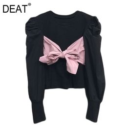 Spring Autumn Fashion Casual T-shirt Lace Up Bow Slim Fit Puff Sleeve Splicing Tops For Women SH229 210421