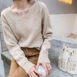 Spring Autumn Women Sweaters Female Tops Knitted Thin Pullover Solid V-neck Loose Elegant Office Lady Casual All Match 303B 210420