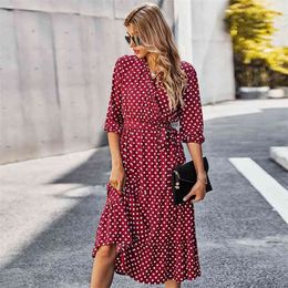 Women's Dress Spring Casual Polka Dot Print Ruffle Holiday Midi Sundress Elegant V Neck Belt Lace Up Red Dresses For Ladies 210522