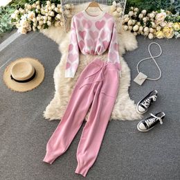 SINGREINY Women Autumn Winter Korean Sweet Set Love Print Beading Knitted Sweater+High Waist Casual Long Pants Two Pieces Suits 210419