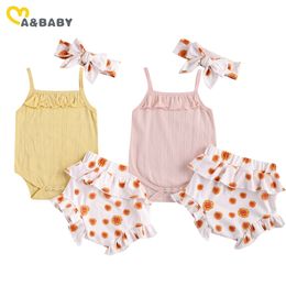 0-24M Summer born Infant Baby Girl Flower Clothes Set Soft Sleeveless Romper Shorts Outfits Costumes 210515