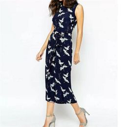 women cute crane print jumpsuit sashes pockets sleeveless pleated rompers ladies vintage casual jumpsuits 210607