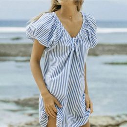 Blue Striped Puff Sleeve Simple Women Mini Dress Lace Up V-neck Loose Ladies Dresses Summer Beach Style Casual Female Vestidos 210518