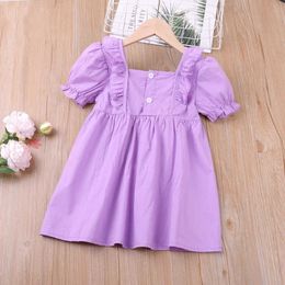 2021 Summer Girls Dress Fashion Kids Clothes Puff Sleeve Ruffle Princess Dress Cute Purple Children Dress No Bow Q0716