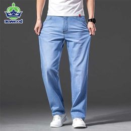 Men Lyocell Fabric Jeans Classic Autumn Cotton Straight Stretch Brand Denim Pants Overalls Light blue Fit Trousers 40 42 44 211104