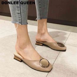 Brand Mules Wome Slippers Square Toe Wooden Low Heel Casual Shoe Metal Buckle Slides Slip On Outdoor Slipper Big Size 41 210619