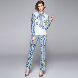 arrive Spring Fashion Designer Runway Suit Set Women's Long Sleeve Vintage Print Bowknot Tops + Pants Two Piece Set 210514