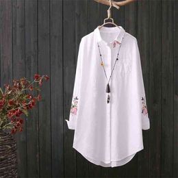 Spring Fashion Women Shirts Plus Size Long Sleeve Loose Floral Embroidery White Blouse cotton Female Casual Shirt D123 210512