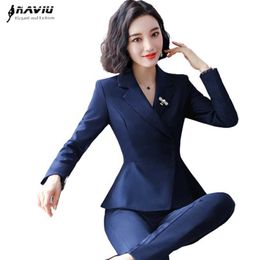 Fashion Women Business Formal Pants Suit Autumn Slim Long Sleeve Blazer and Trousers Office Ladies Temperament Work Wear 210604