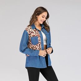 Sexy Ladies Denim Shirt 2021 Spring Autumn Patchwork Leopard Wash Loose Boyfriend Blouse Women's Blouses & Shirts