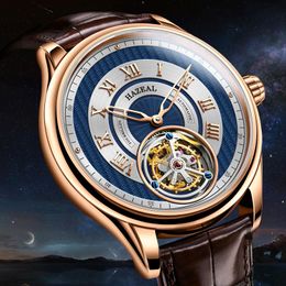 Wristwatches HAZEAL Top Real Tourbillon Mechanical Men's Watch Simple Waterproof 316L Stainless Steel Case Double-sided Sapphire Glass