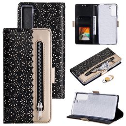 Luxury Lace Zipper Wallet Cases With Card Slot For iPhone 13 Pro Max 12 Mini 11 XR Samsung S20 S21 Ultra Note 20 A12 A32 5G A52 A72 A21S