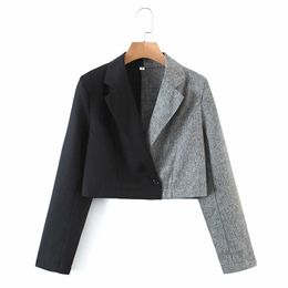 Women Elegant Splicing Long Sleeve One Button And Hidden ButtonSlim Cheque Coat Office Work Short Suit Jacket Outerwear 210520
