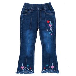 5-11Years Spring Autumn Kids Children Little Girls Jeans Hanging Ornament Embroidery Denim Pants Trousers 210331