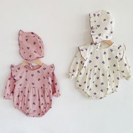 0-3Yrs Infant Baby Rompers Girls Cherry Long Sleeve Clothes And Hat Spring Autumn 210429