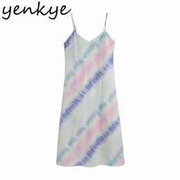 Multicolor Tie Dye Print Sexy Sling Dress Women V Neck Sleeveless Satin Long Female Holiday Casual Summer Vestido 210430