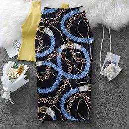 Women's Pencil Skirt Summer Graffiti Fashion Chain Print High Waist Stretch Ladies Slim Skirts Large Size Female Falda 210702