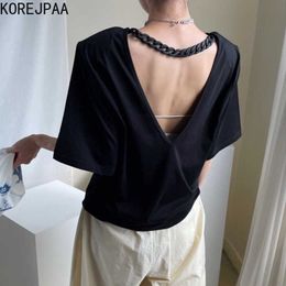 Korejpaa Women T-Shirt Summer French Slimming V-Neck Careful Machine Halter Chain Decoration Loose Casual Short-Sleeved Top 210526