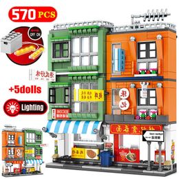 SEMBO City Street View Hong Kong Style Shop Bricks Creator DIY LED House Architecture Model Building Blocks Toys For Children Q0624