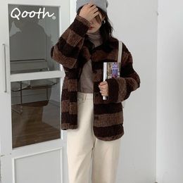 Qooth Korea Style Chic Women's Winter Woolen Simple Jacket Warm Cotton Down Coat Loose Style Striped Thick Coats QT304 210518