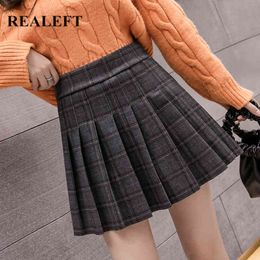 Autumn Winter Women Woollen Plaid Pleated Skirts High Waist A-Line Sexy Mini Skater School Girls 210428