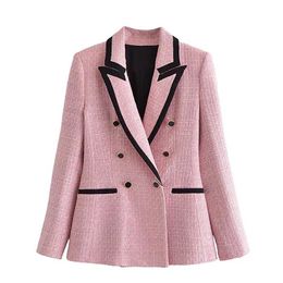 ZA Elegant Pink Textured Blazer Women Long Sleeve Contrast Piping Double Breasted Blazers Woman Fashion Cute Coat Outerwear 211019