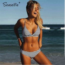 SEASELFIE Sexy Blue and White Stripe Triangle Bikini Sets Women Low-waist Swimsuit Two Pieces Beach Bathing Suits Swimwear 210407