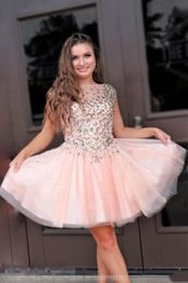 Luxury Tulle Short Homecoming Dresses Rhinestone Sparkly Graduation Party Gowns Capped Sleeves A Line Prom Dress M243