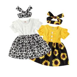 FOCUSNORM Summer Infant Baby Girls Dress Sunflowers/Leopard Print Patchwork Short Sleeve Knee Length A-Line Dress Headband Q0716