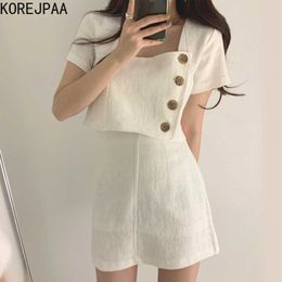Korejpaa Women Sets Summer Korean Chic Ladies Simple Square-Collar Side Single-Breasted Shirt High-Waist A-Line Skirts 210526