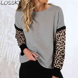 LOSSKY Grey Leopard Patchwork Pullover Autumn Hoodies Women Casual Loose Round Neck Long Sleeve Fall Sweatshirt Mujer Hoody 210507