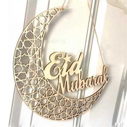 1pcs Ramadan Decoration For Home Wooden Eid Mubarak Plaque Moon Islam Muslim Hanging Pendant Hollow Wood Supplies Y0730