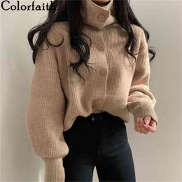 Colorfaith Women's Sweaters Winter Spring Turtleneck Fashionable Buttons Oversize Short Cardigans Knitwear SWC1253JX 210914