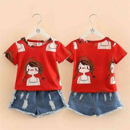 Girls Clothing Set O-neck Sleeveless Summer 2-10 Years Old Kids Girl Red Cartoon T Shirt+Denim Jeans Shorts 2 Pcs Suit Set 210701