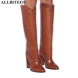 Botas AlliteBiteFo Microfibra + Vaca Couro Mulheres Longo Outono Party Shoes Moda Do Joelho Feminino High Motocycle