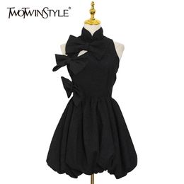 Black Patchwork Bowknot Dress For Women Stand Collar Sleeveless High Waist Hollow Out Mini Dresses Female 210520