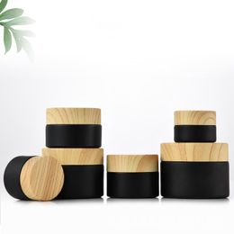 Glass Empty Cosmetic Cans Face Cream Make Up Travel Portable Bottle Wood Grain Lids Jar Storage Frosting Black