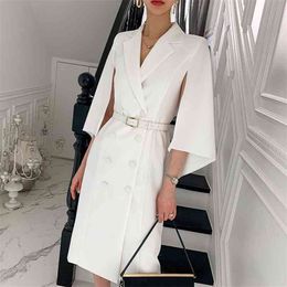 White Solid Dresses Female Notched Elegant Vestidos Woman Flying Sleeve Vintage Party Midi Clothing 210603