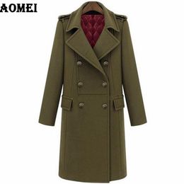 Winter Europe America Style High Quality Ladies Long Coat Quilted Double-breasted Trench Woolen Coats Navy Blue Army Green 210416