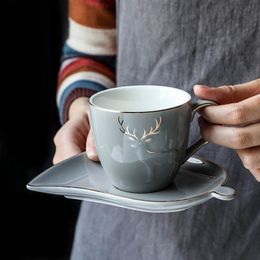 Nordic Light Luxury Elk Outline In Gold Cappuccino Coffee Cup With Creative Saucer Teaspoon Set Scented Tea Cafe Espresso Mug Cups & Saucers