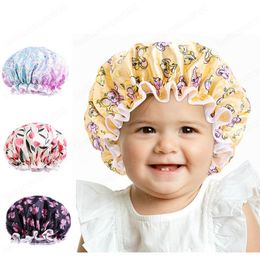 Reversible Kids Satin Shower Cap Hat Supplies Bathroom Double Layer Shower Waterproof Adjustable Girls Hair Protection Caps