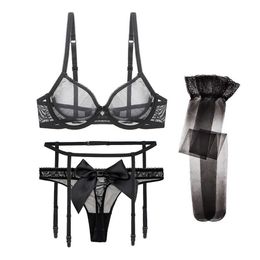 Briefs Panties Varsmiss Womens Fashion 4-Piece Set Sexy Lingerie see-through Bra + Lace G-string + Garter Belt + stocking Black L2304