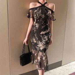 summer women's sexy off-the-shoulder hanging neck ruffled print slim slimming fishtail dress Office Lady 210416