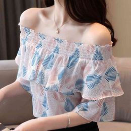 Summer Short Sleeve Blouse Women Blusas Mujer De Moda Slash Neck Off Shoulder Top Print Chiffon Blouse Shirt Shirts D128 210426