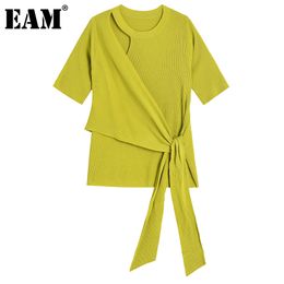 [EAM] Women Black Big Size Casual Hollow Out Cross T-shirt Round Neck Short Sleeve Fashion Spring Summer 1DD8488 21512