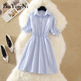 Beiyingni Women Shirt Dress Summer Short Sleeve Hollow Out Buttons Blosues Blusas Dresses Preppy Leisure Stripe Vestidos 210416