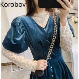 Korobov Korean Temperament Dress Women High Waist Hip Soliid A Line Vestido V Neck Puff Short Sleeve Ropa Summer New 2a821 210430