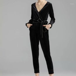 Autumn Sexy V-Neck Long-Sleeved Velvet Belt Slim-Fit Pocket Chain Black Ankle-Length Jumpsuit Women'S Clothing Jumpsuits & Rompers